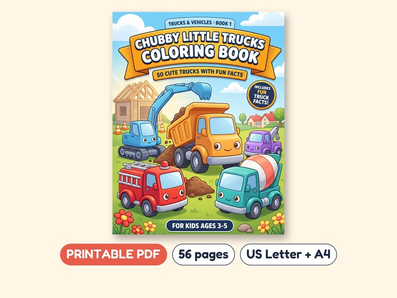 Chubby Little Trucks at Work Coloring Book, 50 Scenes, Printable PDF, Ages 4-8 image 1