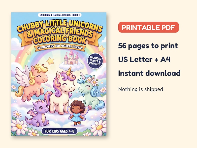 May include: A coloring book titled Chubby Little Unicorns & Magical Friends Book 1 featuring 50 unicorns and magical friends for kids ages 4-8. The cover shows colorful unicorns, a dragon, and a fairy against a rainbow and castle background.