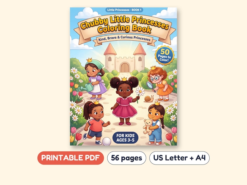 Chubby Little Princesses Coloring Book, 50 Pages, Printable PDF, Ages 3-5 image 1