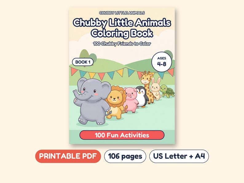 Animal Coloring Book for Kids, 100 Farm Zoo and Ocean Animals, Printable PDF, Ages 4-8 image 1
