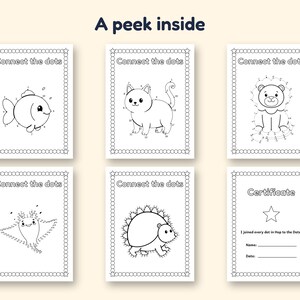 May include: Six printable activity sheets with the text A peek inside at the top. Five pages feature Connect the dots animal illustrations including a fish, cat, lion, stingray, and hedgehog. One page is a Certificate with a star graphic.