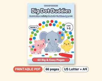 幼児向けドットマーカーアクティビティブック、動物、文字、数字、形、印刷可能なPDF、対象年齢1～3歳