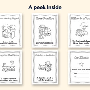 May include: Six black and white coloring pages titled A peek inside. Each page features a unique vehicle illustration, including a digger, fire trucks, and a baggage tug, with descriptive text and a star-patterned border on every page.