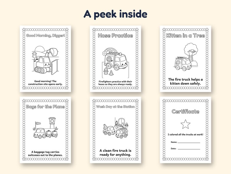 May include: Six black and white coloring pages titled A peek inside. Each page features a unique vehicle illustration, including a digger, fire trucks, and a baggage tug, with descriptive text and a star-patterned border on every page.