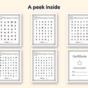 May include: Six educational activity sheets with the heading A peek inside. Five sheets feature letter search grids for A, F, K, P, and U, each with a star-patterned border and I found blank lines. One sheet is a Certificate with a star icon.