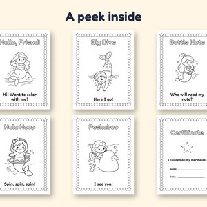 May include: Six black and white colouring pages featuring mermaid illustrations and text. Titles include Hello, Friend!, Big Dive, Bottle Note, Hula Hoop, Peekaboo, and Certificate. Each page has a decorative border with circles and stars.