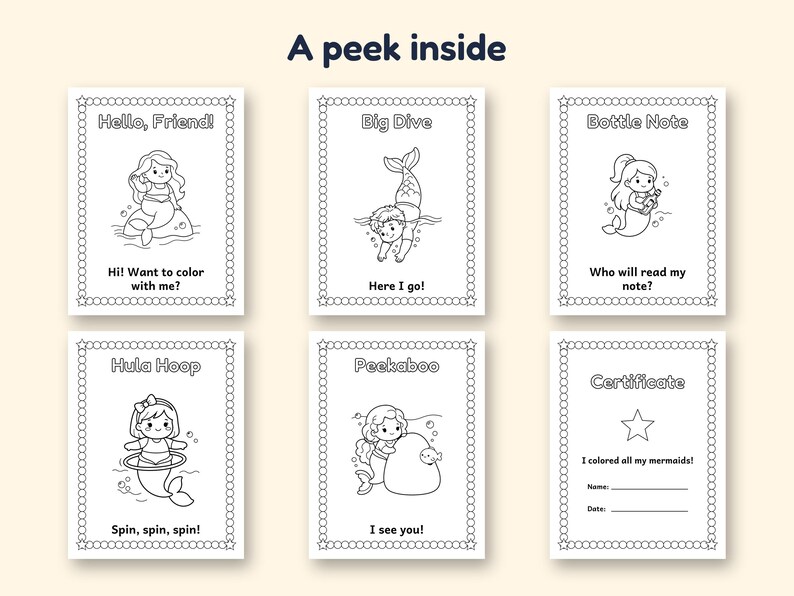 May include: Six black and white colouring pages featuring mermaid illustrations and text. Titles include Hello, Friend!, Big Dive, Bottle Note, Hula Hoop, Peekaboo, and Certificate. Each page has a decorative border with circles and stars.