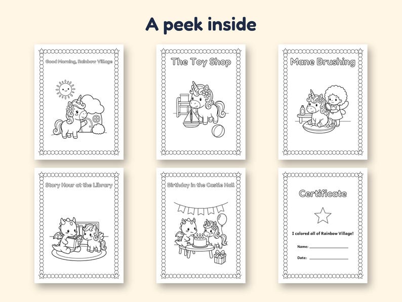 May include: Six black and white coloring pages featuring unicorns and dragons with the text A peek inside, Good Morning, Rainbow Village, The Toy Shop, Mane Brushing, Story Hour at the Library, Birthday in the Castle Hall, and Certificate.