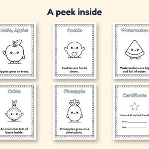 Food Coloring Book for Kids, 50 Fruit Veggie and Cupcake Friends, Printable PDF, Ages 3-5 image 3