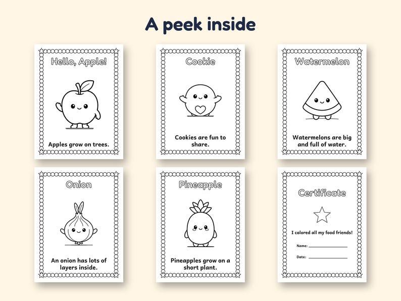 Food Coloring Book for Kids, 50 Fruit Veggie and Cupcake Friends, Printable PDF, Ages 3-5 image 3