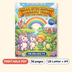 Unicorn Coloring Book for Kids, 50 Rainbow Village Scenes, Printable PDF, Ages 4-8 image 1