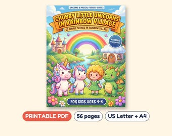 Unicorn Coloring Book for Kids, 50 Rainbow Village Scenes, Printable PDF, Ages 4-8