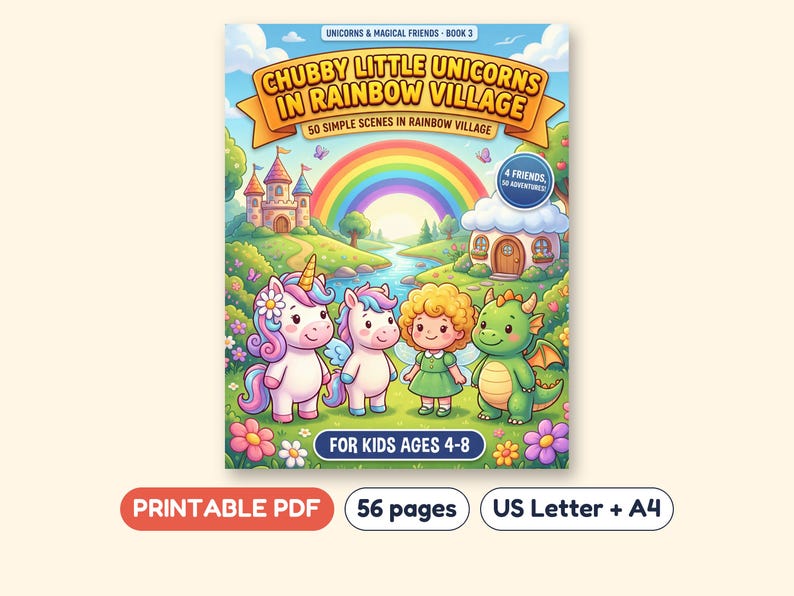 Unicorn Coloring Book for Kids, 50 Rainbow Village Scenes, Printable PDF, Ages 4-8 image 1