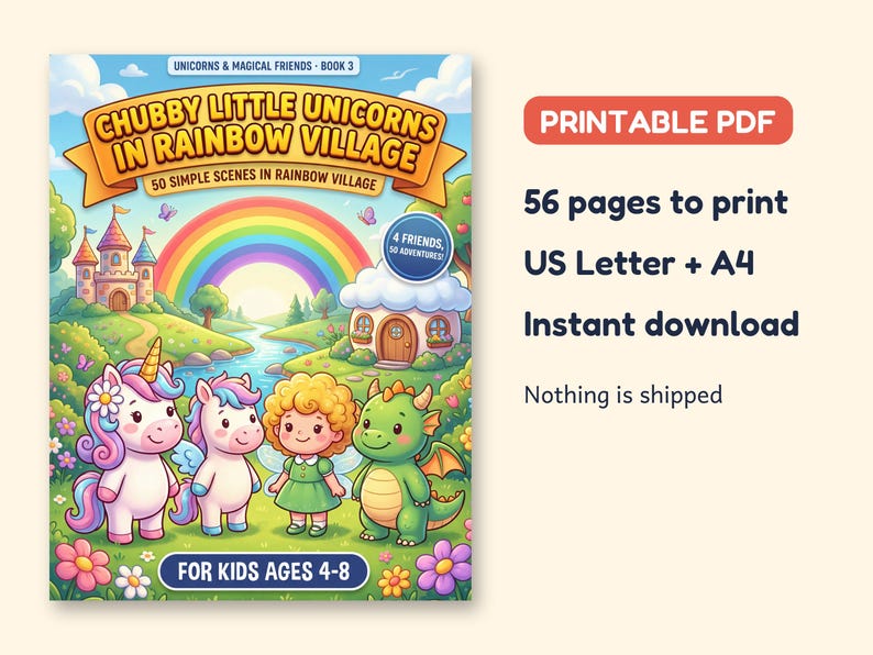 May include: A printable PDF coloring book titled Chubby Little Unicorns in Rainbow Village, Book 3. The cover features two unicorns, a fairy, and a green dragon in a landscape with a rainbow, castle, and house. Includes 56 pages in US Letter and A4 sizes.