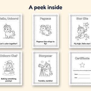 May include: Six black and white coloring pages featuring unicorn illustrations and text. Pages include Hello, Unicorn!, Pegasus, Star Kite, Unicorn Chef, Stargazer, and a Certificate. Each page has a decorative border of circles and stars.