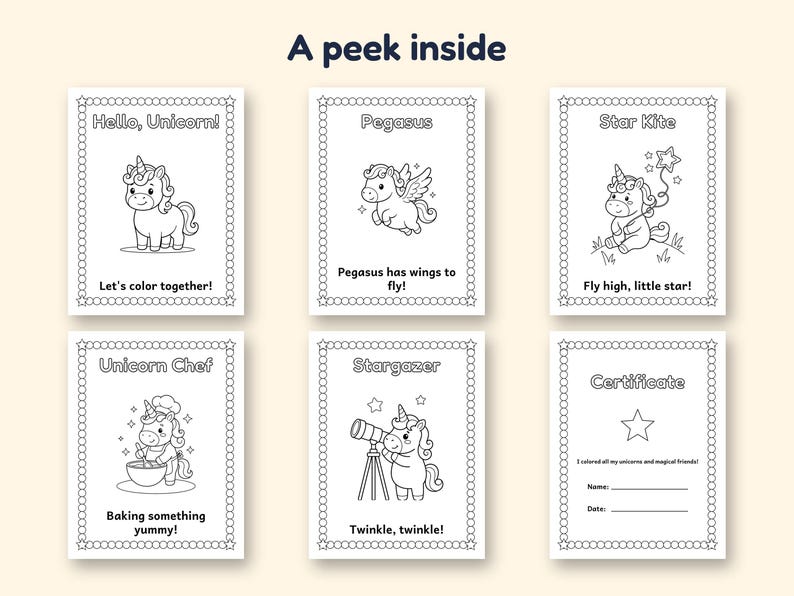 May include: Six black and white coloring pages featuring unicorn illustrations and text. Pages include Hello, Unicorn!, Pegasus, Star Kite, Unicorn Chef, Stargazer, and a Certificate. Each page has a decorative border of circles and stars.