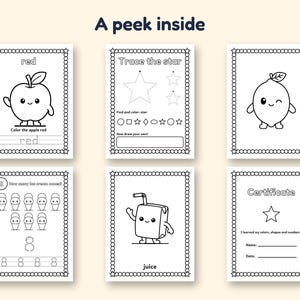 May include: Six black and white educational activity pages titled A peek inside. The pages feature line art of an apple, a star, a lemon, ice cream cones, a juice box, and a certificate with text for coloring, tracing, and counting.