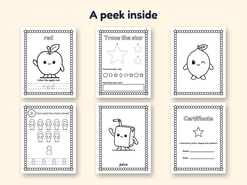 May include: Six black and white educational activity pages titled A peek inside. The pages feature line art of an apple, a star, a lemon, ice cream cones, a juice box, and a certificate with text for coloring, tracing, and counting.