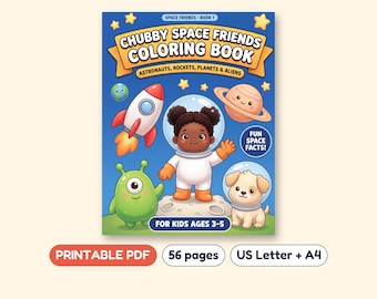 Chubby Space Friends Coloring Book, Astronauts Rockets and Planets, Printable PDF, Ages 3-5