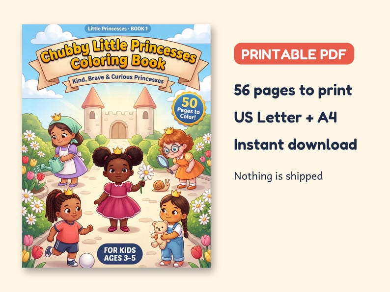 May include: A digital coloring book titled Chubby Little Princesses Coloring Book, featuring five illustrated children in a garden with a castle. The cover includes text stating 50 Pages to Color, For Kids Ages 3-5, 56 pages to print, US Letter + A4.