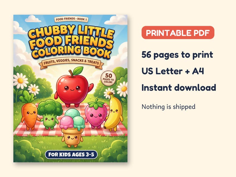 Food Coloring Book for Kids, 50 Fruit Veggie and Cupcake Friends, Printable PDF, Ages 3-5 image 2