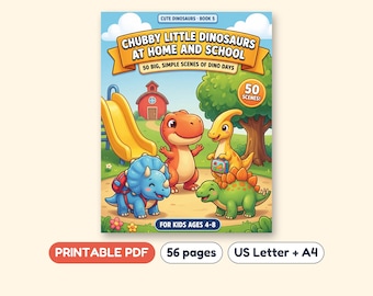 Dinosaur Coloring Book for Kids, 50 Home and School Scenes, Printable PDF, Ages 4-8