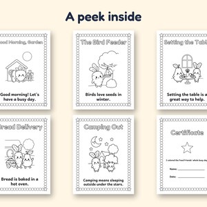 May include: A set of six black and white coloring pages titled A peek inside. Each page features a border of circles and stars, a line drawing of anthropomorphic food characters, and text including Good Morning, Garden, The Bird Feeder, Setting the Table, Bread Delivery, Camping Out, and Certificate.