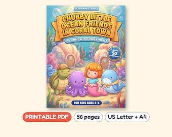 Ocean Coloring Book for Kids, 50 Coral Town Sea Animal Scenes, Printable PDF, Ages 4-8