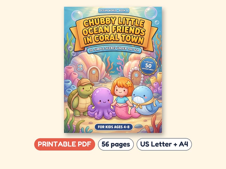 May include: A coloring book titled Chubby Little Ocean Friends in Coral Town, featuring a turtle, octopus, mermaid, and whale. The cover includes the text 50 Simple Scenes Under the Sea, 50 Adventures, and For Kids Ages 4-8.