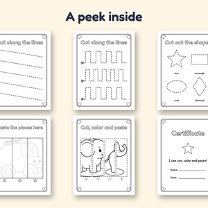 May include: Six black and white printable activity sheets titled A peek inside. The pages feature cutting practice with dashed lines, shapes to cut out, a vehicle and elephant puzzle to cut and paste, and a certificate of completion.