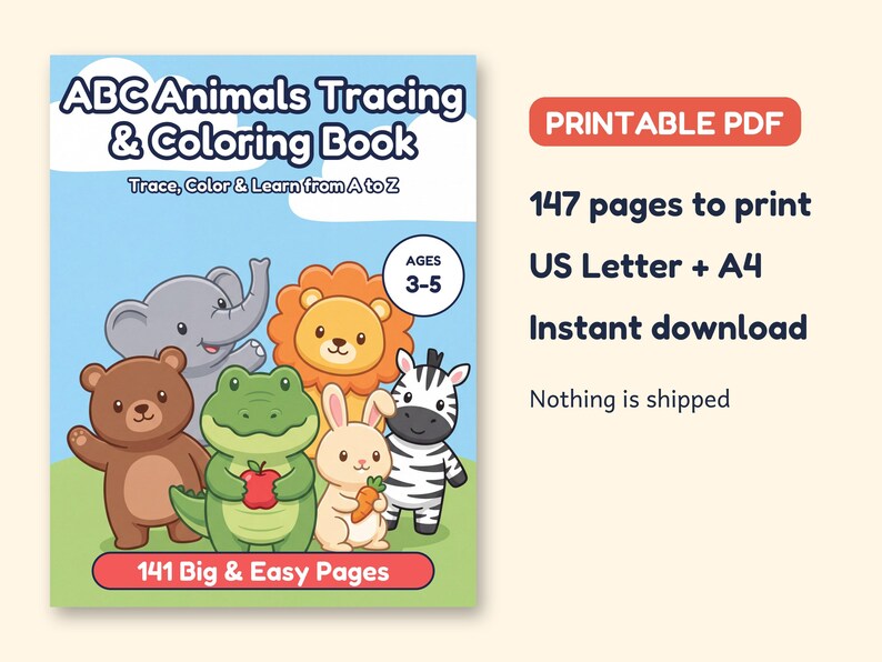 May include: A digital coloring book cover titled ABC Animals Tracing & Coloring Book, Trace, Color & Learn from A to Z. It features a brown bear, gray elephant, lion, green crocodile with an apple, rabbit with a carrot, and a zebra. Text includes AGES 3-5 and 141 Big & Easy Pages.