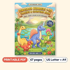 Dinosaur Number Tracing and Counting Workbook 1-20, Printable PDF, Ages 3-5 image 1