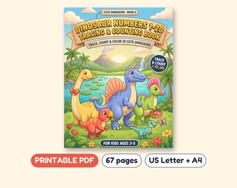 Dinosaur Number Tracing and Counting Workbook 1-20, Printable PDF, Ages 3-5