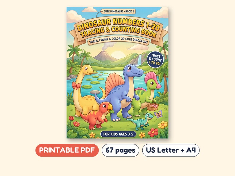 Dinosaur Number Tracing and Counting Workbook 1-20, Printable PDF, Ages 3-5 image 1
