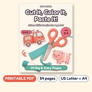 Scissor Skills Cut and Paste Workbook with Vehicles and Animals, Printable PDF, Ages 3-5