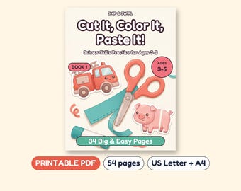Scissor Skills Cut and Paste Workbook with Vehicles and Animals, Printable PDF, Ages 3-5