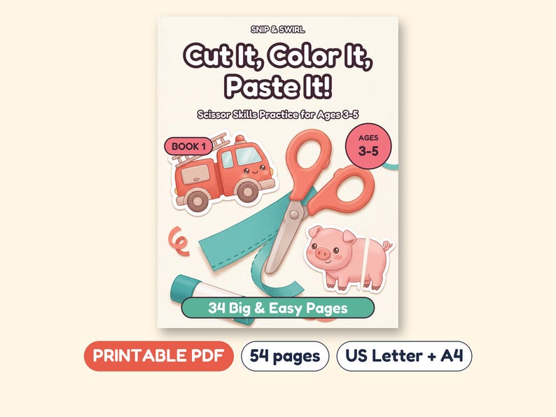 Scissor Skills Cut and Paste Workbook with Vehicles and Animals, Printable PDF, Ages 3-5 image 1
