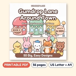Gumdrop Lane Around Town Kawaii Coloring Book for Adults and Kids, Printable PDF