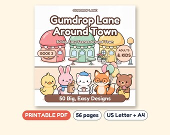 Gumdrop Lane Around Town Kawaii Coloring Book for Adults and Kids, Printable PDF