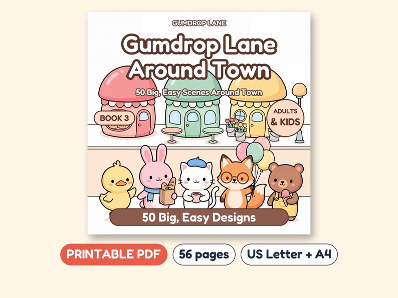 K&ouml;nnte beinhalten: Ein Malbuch mit dem Titel Gumdrop Lane Around Town mit 50 gro&szlig;en, einfachen Szenen. Das Cover zeigt Cartoon-Geb&auml;ude und Tiere wie eine Ente, einen Hasen, eine Katze, einen Fuchs und einen B&auml;ren. Es ist ein druckbares PDF mit 56 Seiten.