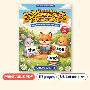 92 Sight Words Workbook for Kindergarten, Read Trace and Find, Printable PDF, Ages 4-8