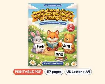 92 Sight Words Workbook for Kindergarten, Read Trace and Find, Printable PDF, Ages 4-8