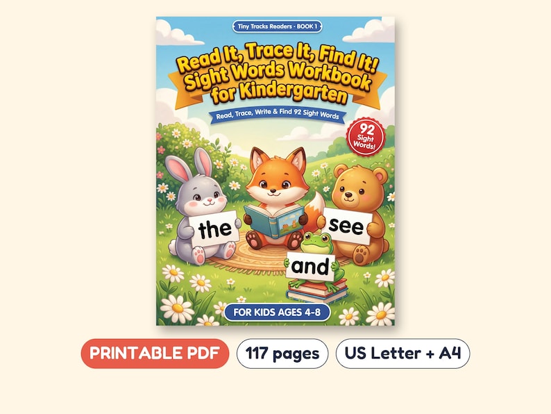 92 Sight Words Workbook for Kindergarten, Read Trace and Find, Printable PDF, Ages 4-8 image 1