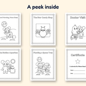 May include: Six black and white coloring pages titled A peek inside. Pages feature space-themed illustrations including Good Morning Moon Base, The Star Candy Shop, Doctor Visit, The Station Aquarium, Planting a Space Tree, and a Certificate.