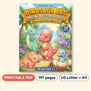 Dinosaur Alphabet Tracing Workbook, Uppercase and Lowercase Letters, Printable PDF, Ages 3-5
