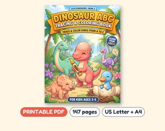 Dinosaur Alphabet Tracing Workbook, Uppercase and Lowercase Letters, Printable PDF, Ages 3-5