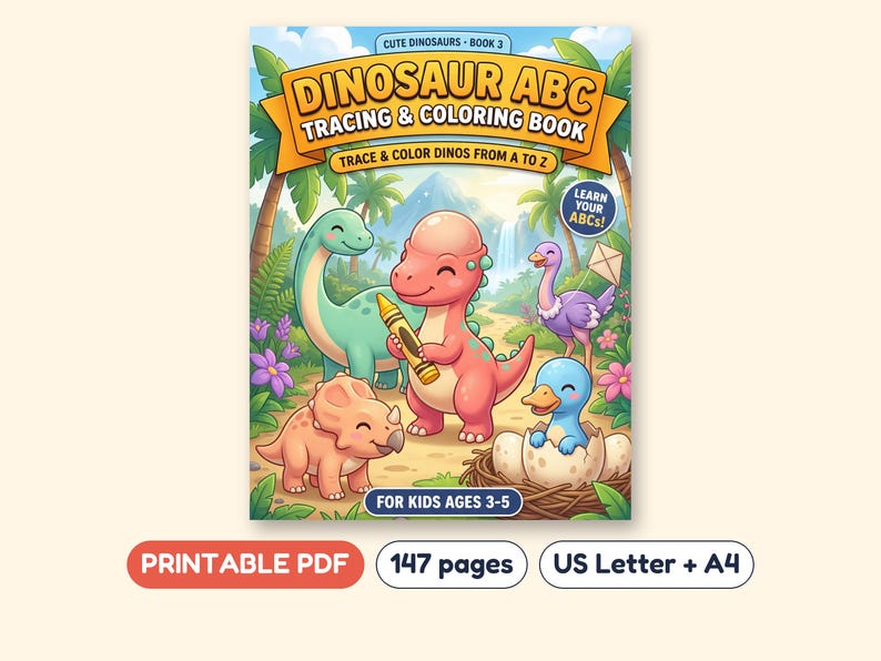 Dinosaur Alphabet Tracing Workbook, Uppercase and Lowercase Letters, Printable PDF, Ages 3-5 image 1