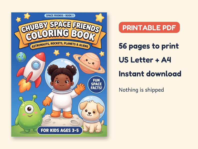 Może przedstawiać: Kolorowanka w formacie PDF do druku pod tytułem Chubby Space Friends Book 1, zawierająca ilustracje astronauty, rakiety, planet, kosmity i szczeniaka. Tekst na okładce zawiera Astronauts, Rockets, Planets & Aliens oraz For Kids Ages 3-5.