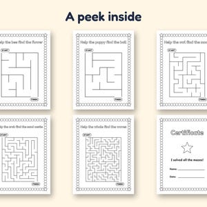 May include: Six printable activity sheets featuring black and white maze puzzles with themes like helping a bee, puppy, owl, crab, and whale. Each page has a decorative border, start and finish labels, and a certificate of completion page.