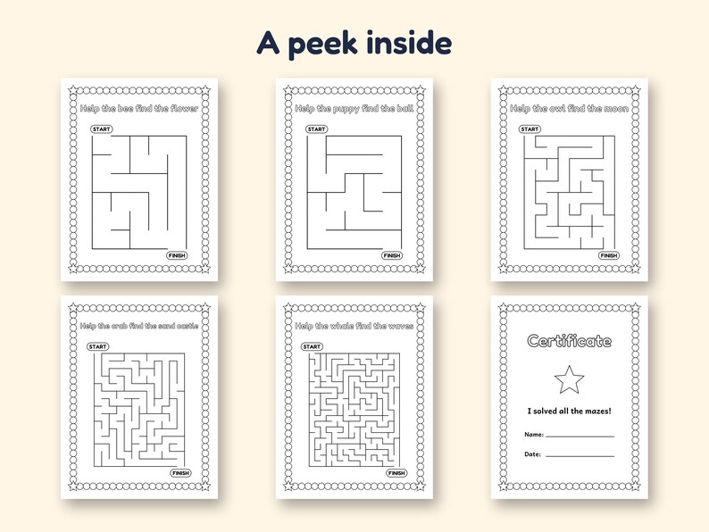 May include: Six printable activity sheets featuring black and white maze puzzles with themes like helping a bee, puppy, owl, crab, and whale. Each page has a decorative border, start and finish labels, and a certificate of completion page.